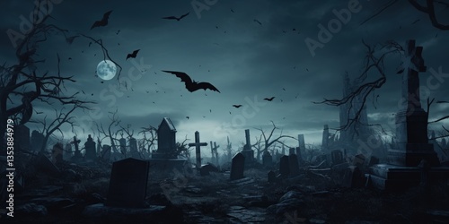 Cemetery at Night Bats soar over gravestones under a full moon in a spooky graveyard against a dark sky background