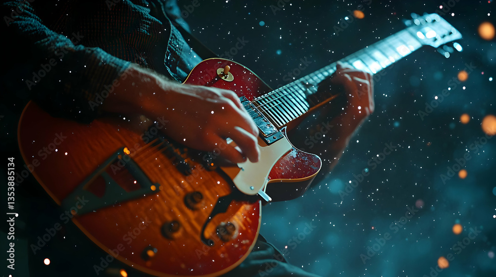 custom made wallpaper toronto digitalA close-up of a guitarist playing an electric guitar on stage with a dramatic background.