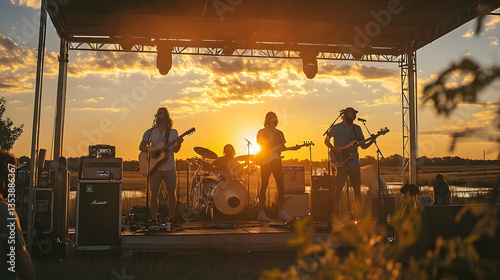 A band performs at sunset on an outdoor stage, creating a lively atmosphere.