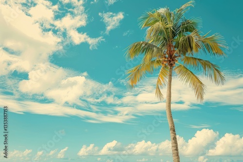 Vibrant Picture of Palm Tree on Tropical Beach with Blue Sky