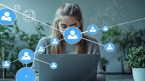Young Woman Using Laptop Computer, Connected Network, Blue Icons, Plants Background