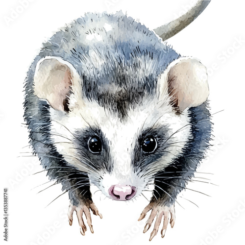 watercolor vector of Opossum, isolated on a white background.