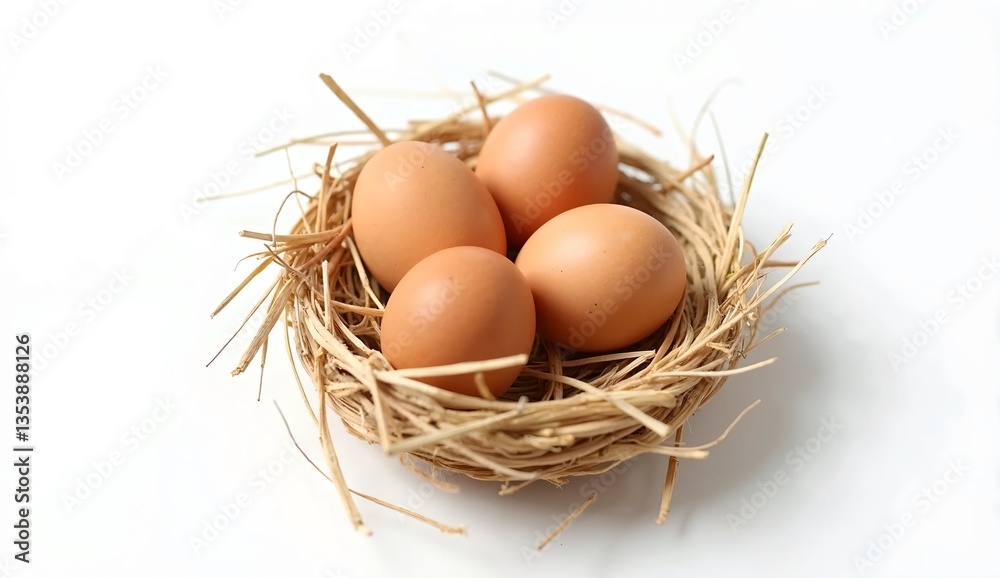 Natural Straw Nest Containing Four Brown Eggs on a Clean White Background Symbolizing New Beginnings
Natural Straw Nest Containing Four Brown Eggs on a Clean White Background Symbolizing New Beginnings