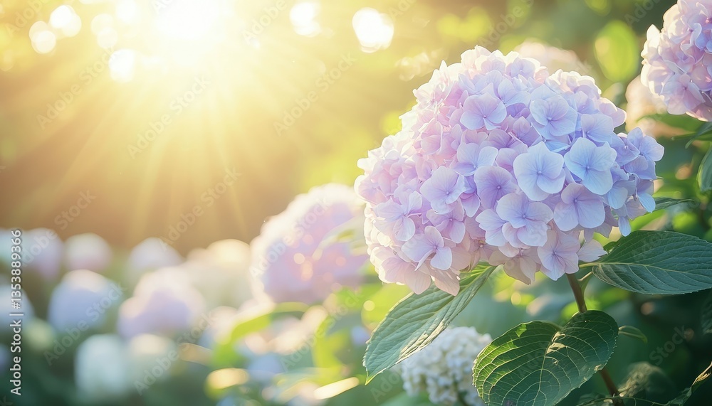 Fototapeta premium Beautiful hydrangeas bloom in a bright sunny and lush garden setting