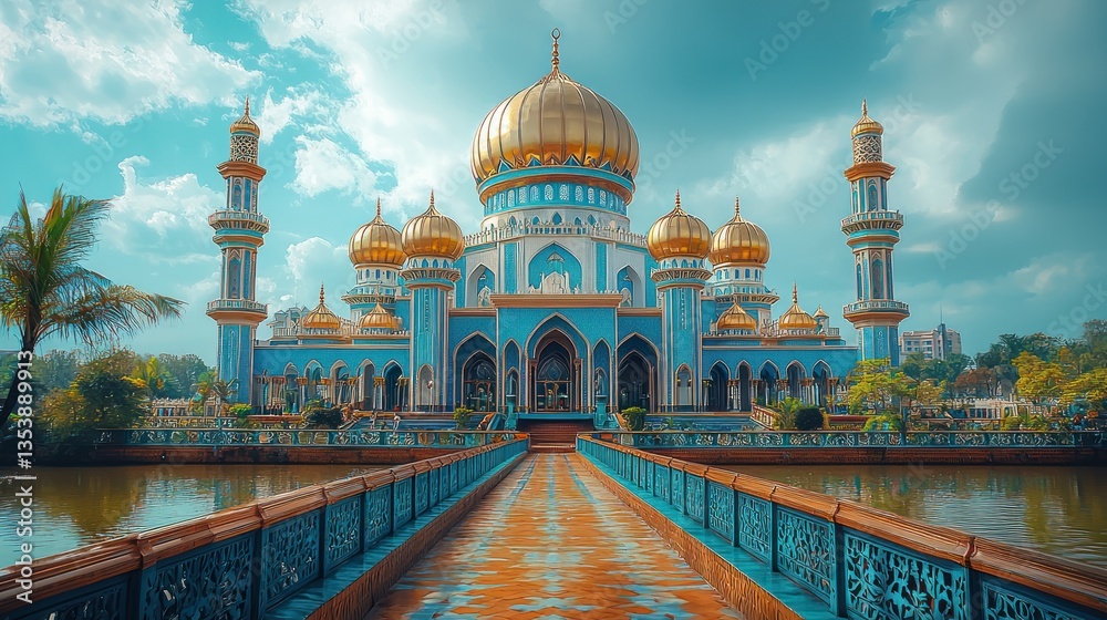 Fototapeta premium Majestic Blue Mosque, Pathway Approach, Tropical Setting