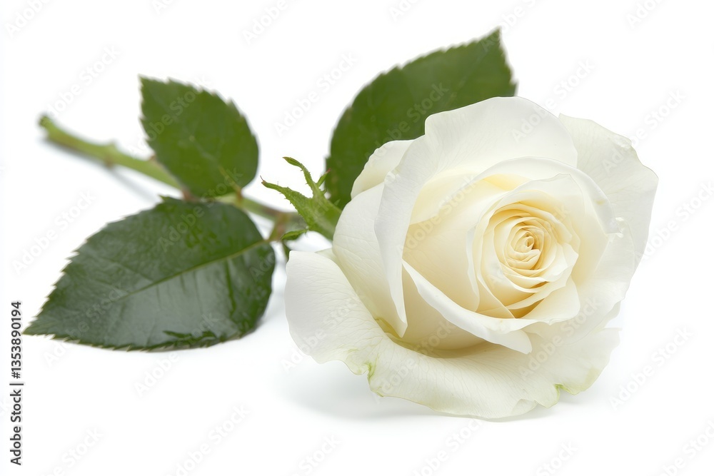 Fototapeta premium A single white rose lies on a plain white background