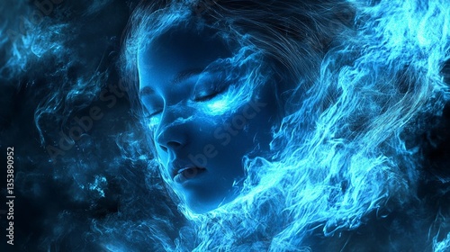 Girl Engulfed in Blue Flames – A Dark Fantasy Vision of Power and Mystery photo