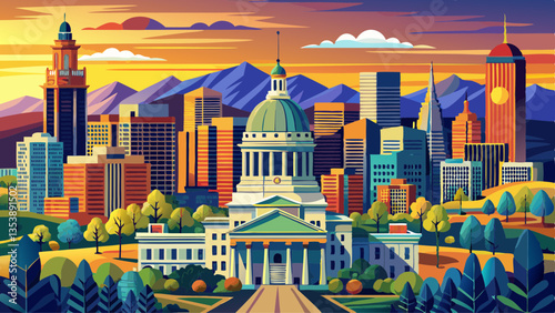 Aerial view of Denver, Colorado skyline and Colorado Capitol at sunset. Denver is a consolidated city and county, the capital, and most populous city of the U.S. state of