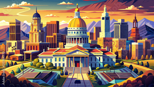 Aerial view of Denver, Colorado skyline and Colorado Capitol at sunset. Denver is a consolidated city and county, the capital, and most populous city of the U.S. state of