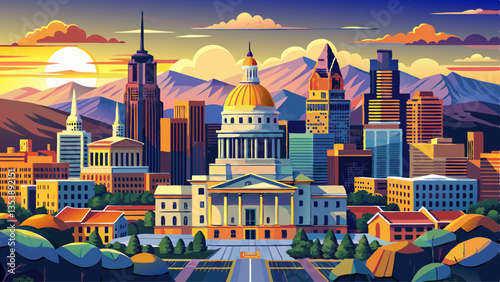 Aerial view of Denver, Colorado skyline and Colorado Capitol at sunset. Denver is a consolidated city and county, the capital, and most populous city of the U.S. state of