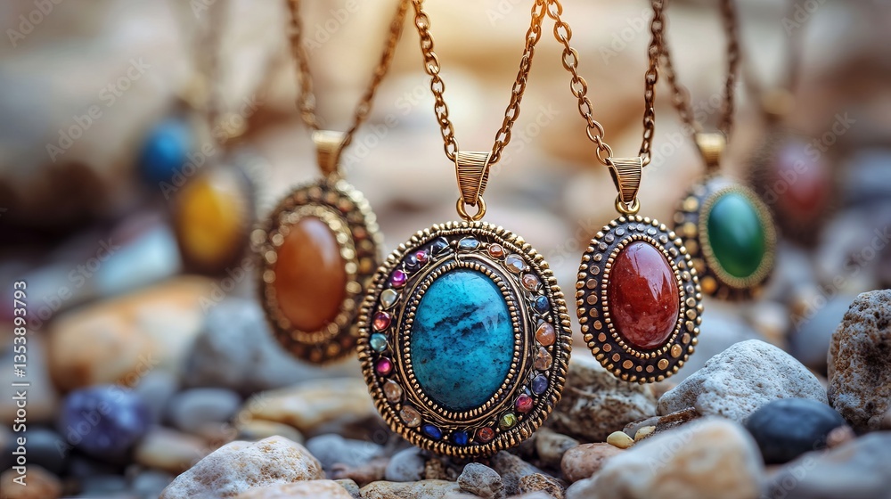 Naklejka premium Elegant Gold Chain Necklace Featuring a Vibrant Turquoise Stone Showcasing Timeless Beauty and Style