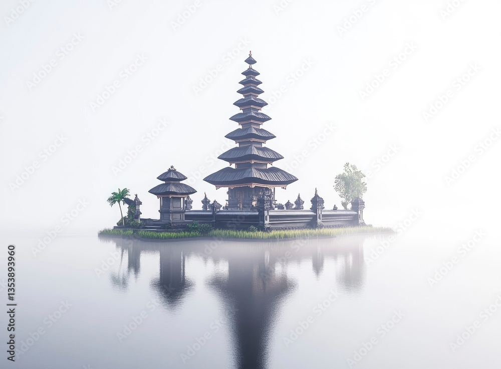 Exploring Tranquil Temple Reflection on Misty Lake in Indonesia