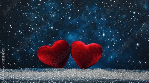 Two red hearts, snowy surface, starry night sky; romantic Valentine's card