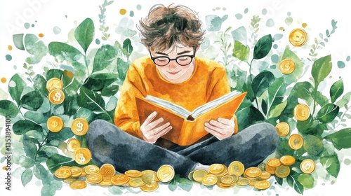 Young Reader Surrounded by Lush Greenery and Golden Coins: A Watercolor Illustration of Financial Literacy and Growth