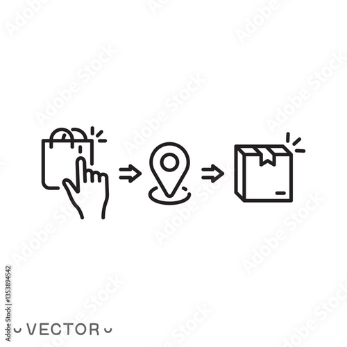 click and collect order icon, delivery service steps concept, receiving order at pick up point, e-commerce concept, thin line symbol isolated on white background, editable stroke eps 10 vector