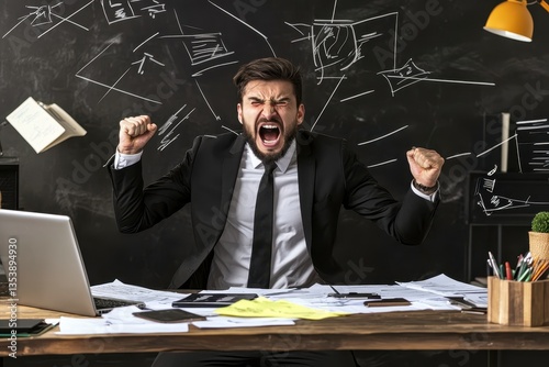 Frustrated Businessman in Suit Shouting at Desk Surrounded by Chaos of Papers, Charts, and Drawings in an Office Setting