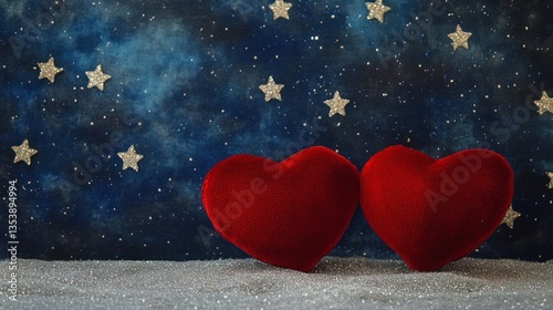 Two red hearts on snowy ground, starry night background.  Romantic Valentine's card