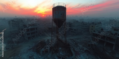 Sunset Over a War-Torn Cityscape: A Desolate Aerial View of Destruction and Resilience