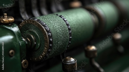 Close-up of antique machinery components, displaying intricate details of gears, rollers, and metalwork, featuring a deep green hue photo