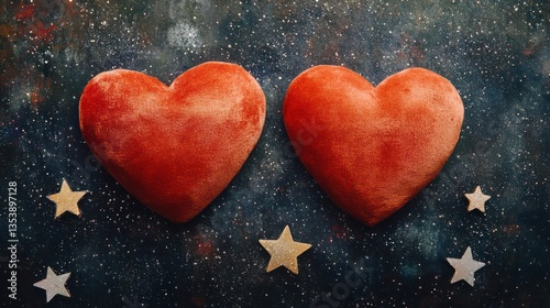 Two red hearts on starry night background, romantic