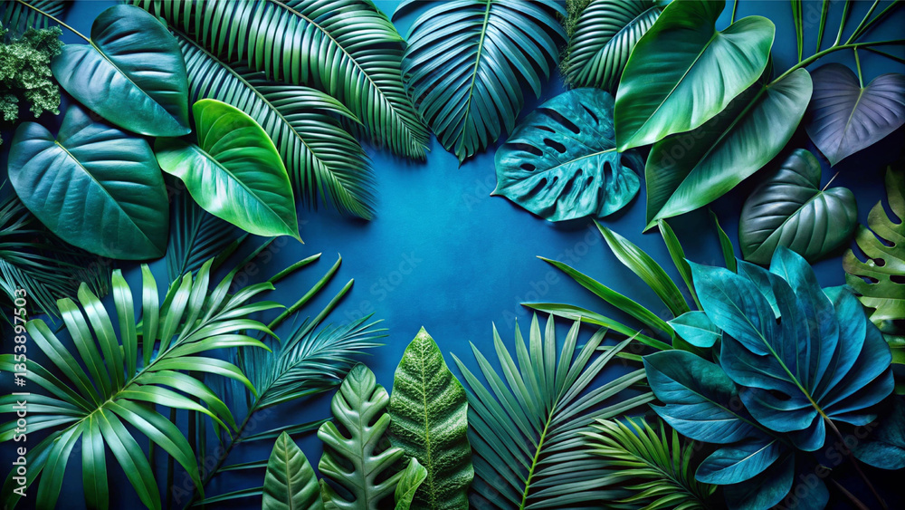 Glowing blue tropical leaves float against a cosmic space backdrop, blending nature with the universe. Glowing blue tropical leaves float against a cosmic space backdrop, blending nature with the universe.