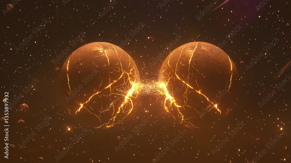 Fototapeta premium Cosmic collision: two glowing planets cracking apart in space explosion