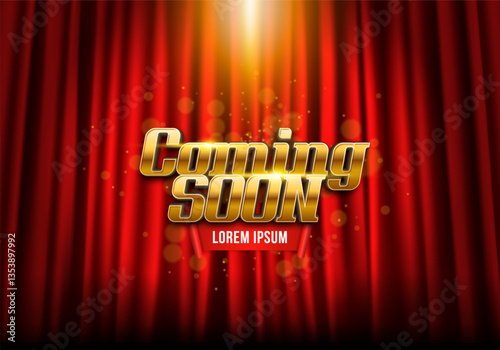 Coming Soon text on red curtain background. Ceremony presentation or grand opening. Vector illustration.