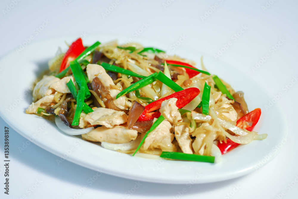Stir Fried Chicken with Ginger, Stir fried chicken with ginger, chili, onion, and vegetables on a white plate, showcasing vibrant colors and fresh ingredients, Thaifood Stir Fried Chicken with Ginger, Stir fried chicken with ginger, chili, onion, and vegetables on a white plate, showcasing vibrant colors and fresh ingredients, Thaifood
