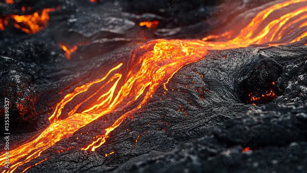 Molten Lava Flowing Over Black Volcanic Rock Formation Creating a Fiery Texture Molten Lava Flowing Over Black Volcanic Rock Formation Creating a Fiery Texture