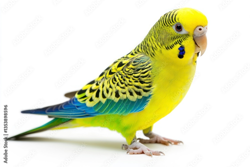 Obraz premium Standing Budgerigar Displays Vibrant Yellow and Blue Plumage on a White Background