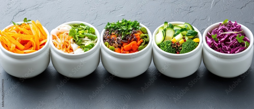 Five Small White Bowls Filled with Colorful Vegetable Salads Arranged in a Row on a Dark Gray Surface Perfect for Healthy Food Presentation Five Small White Bowls Filled with Colorful Vegetable Salads Arranged in a Row on a Dark Gray Surface Perfect for Healthy Food Presentation