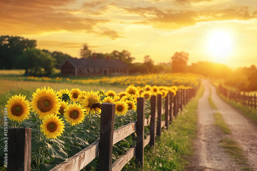 Obraz premium Idyllic farm scene with a dirt path, sunflowers, and a wooden fence stretching into the distance