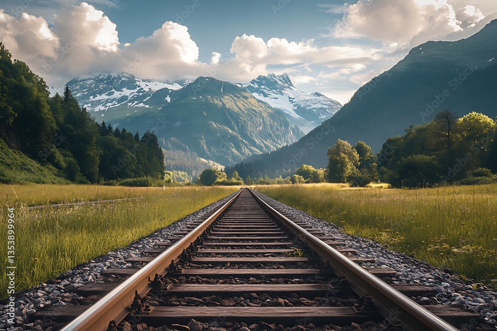 Fototapeta premium Railroad tracks leading towards majestic mountains in summer