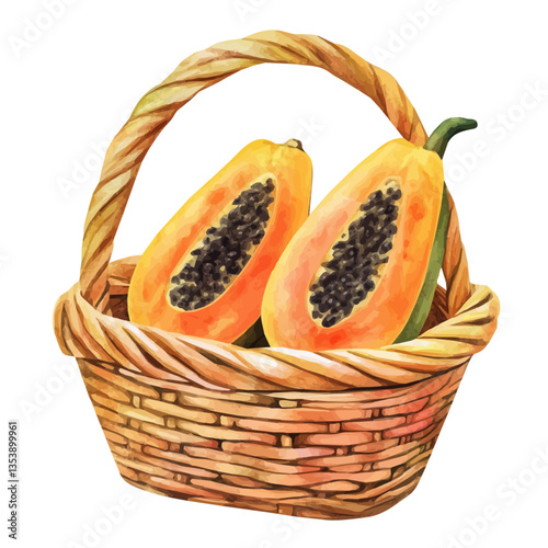 watercolor vector of Papaya Basket, isolated on a white background.