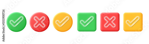 Realistic right and wrong buttons in 3D style with neon elements. Set of glossy round and square icons with a check mark, sign of the cross, symbols of acceptance, rejection. Vector illustration.