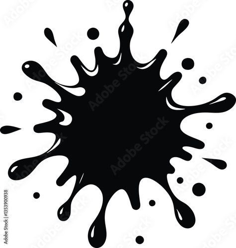 Splatter Blob Abstract Black Ink Stain with Streaks, Drips, and Droplets on White