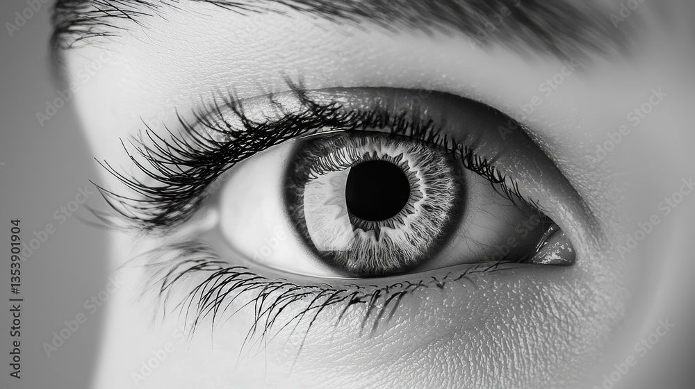 Obraz premium Close-up of a sharp-eyed pupil on a clean white canvas with sleek texture and legible text