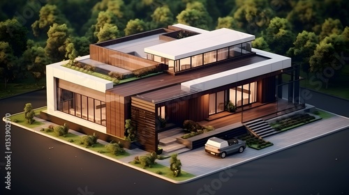 A stunning modern dream home nestled in a verdant landscape, showcasing sleek dark wood and expansive windows, bathed in warm sunset light.