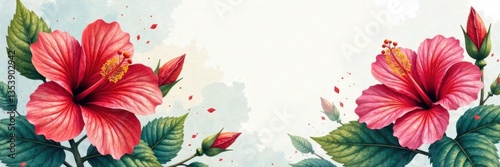 Colorful hibiscus leaves with intricate patterns on a watercolor background, Floral Patterns, Botanicals