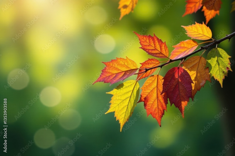 Colorful leaves on a branch with a tree in the background , colors, branch