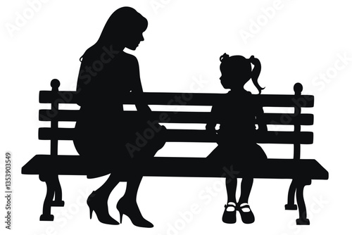 mother and daughter Sitting on Bench Silhouette Clip art