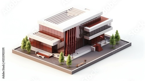 A modern architectural marvel, a sleek red and white house nestled amidst lush greenery, bathed in soft sunlight.