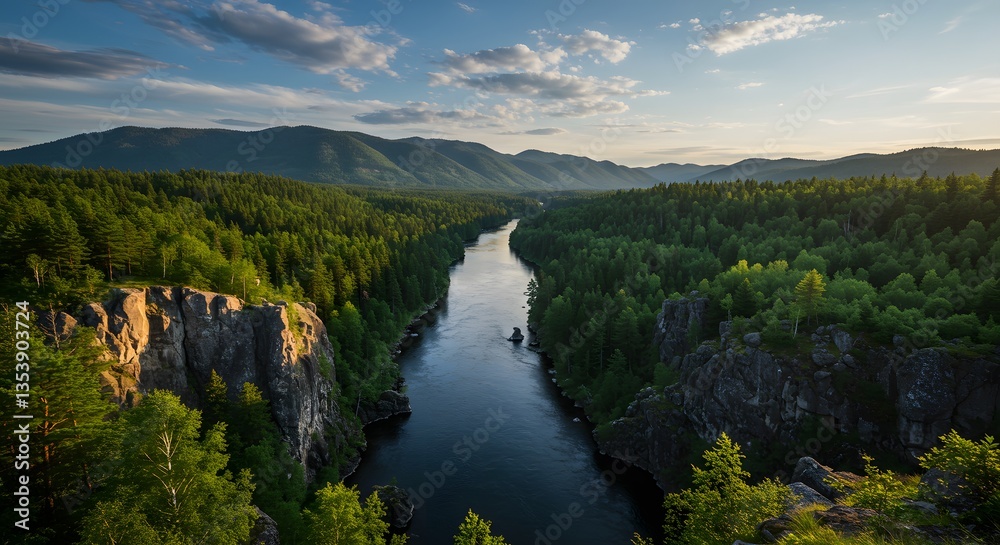 Fototapeta premium Serene River Valley Landscape: Majestic Mountains and Lush Forests