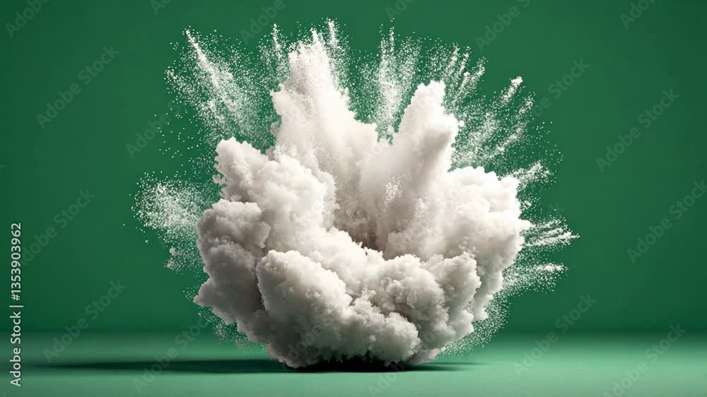 Explosive Cloud of Powders: A captivating view of an explosive cloud with powders in action, dynamic and powerful in a moment of artistic expression with background color of green.