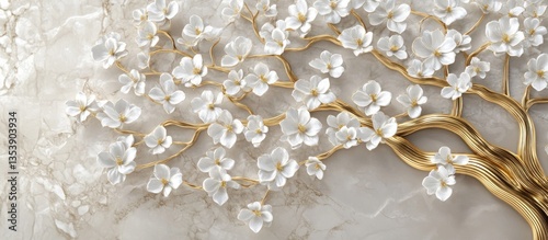 A stunning Golden Tree of Life mural rendered in exquisite 3D, featuring delicate white flowers. Set against a minimalist background, the intricate design   