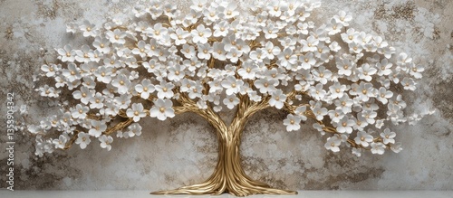A stunning Golden Tree of Life mural rendered in exquisite 3D, featuring delicate white flowers. Set against a minimalist background, the intricate design  