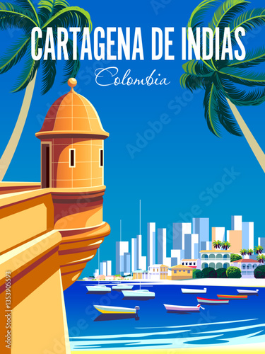 Cartagena de Indias travel poster. Beautiful landscape with fortress, sea, boats and town in the background. Handmade drawing vector illustration.