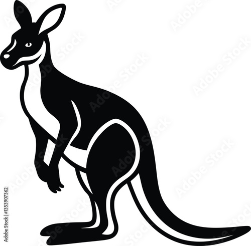 Simple Black & White Kangaroo Silhouette on White Backdrop, Bold Australian Animal