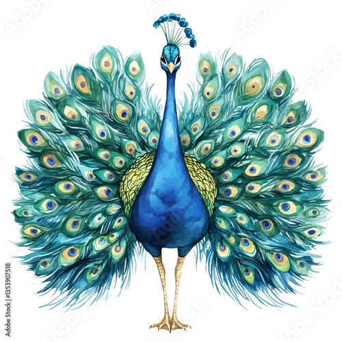 watercolor of Peacock, isolated on a white background.