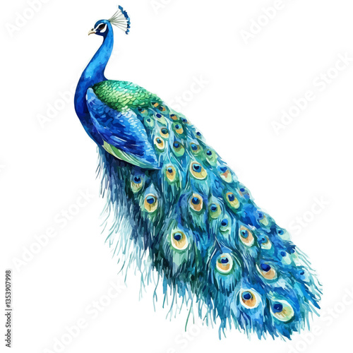 Peacock, watercolor vector, isolated on a white background.